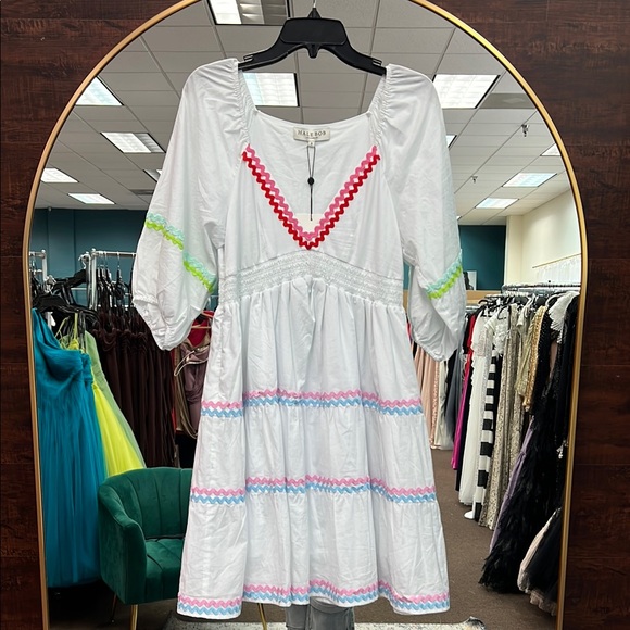 Hale Bob White and Pink Tiered Sundress with Puff Sleeves - Picture 1 of 4